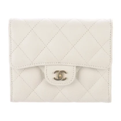 CHANEL SMALL COMPACT WALLET WHITE QUILTED LEATHER GOLD HARDWARE