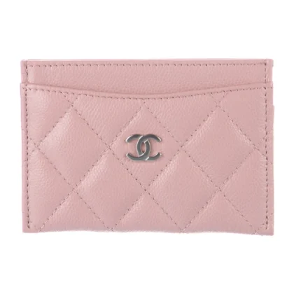 CHANEL SMALL CARD HOLDER PINK QUILTED LEATHER SILVER HARDWARE
