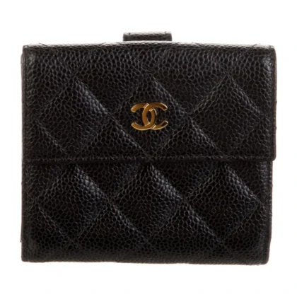 CHANEL MEDIUM INTERLOCKING CC LOGO COMPACT WALLET BLACK CAVIAR LEATHER GOLD HARDWARE