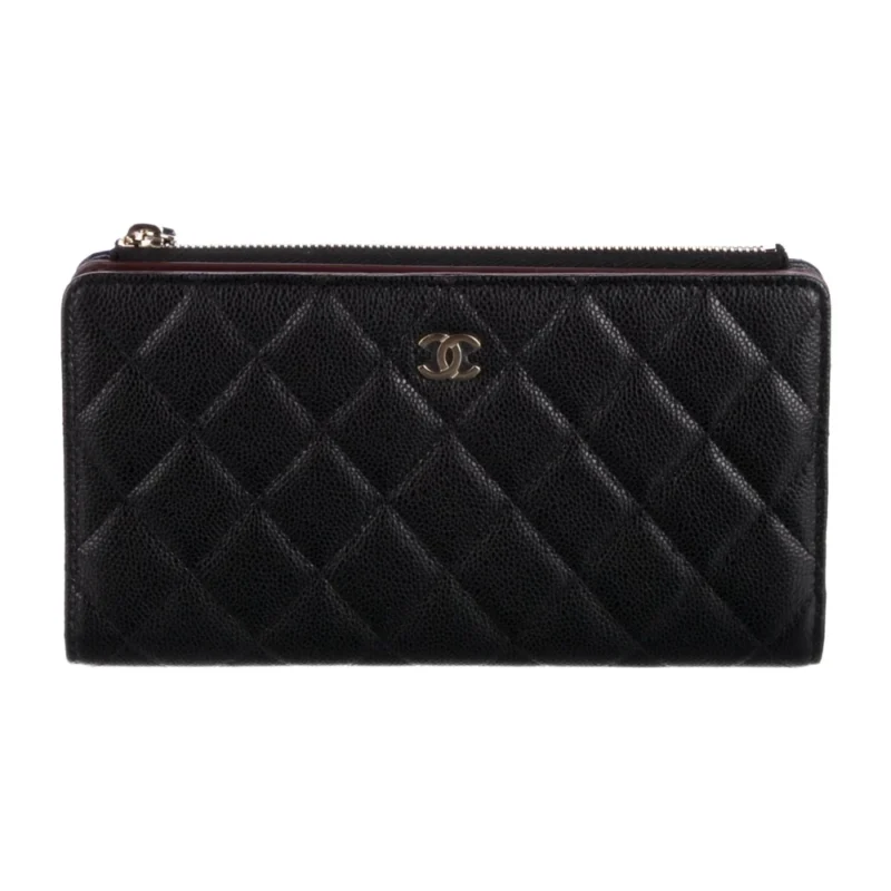 CHANEL LARGE INTERLOCKING CC LOGO WALLET BLACK CAVIAR LEATHER GOLD HARDWARE
