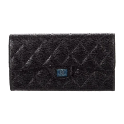 CHANEL LARGE INTERLOCKING CC LOGO TRIFOLD WALLET BLACK CAVIAR LEATHER SILVER HARDWARE