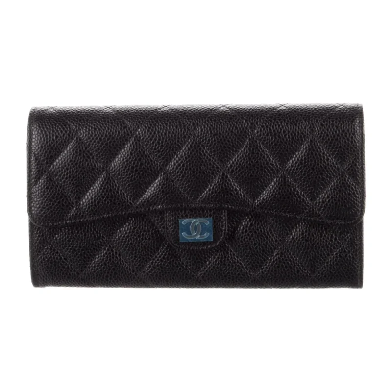 CHANEL LARGE INTERLOCKING CC LOGO TRIFOLD WALLET BLACK CAVIAR LEATHER SILVER HARDWARE