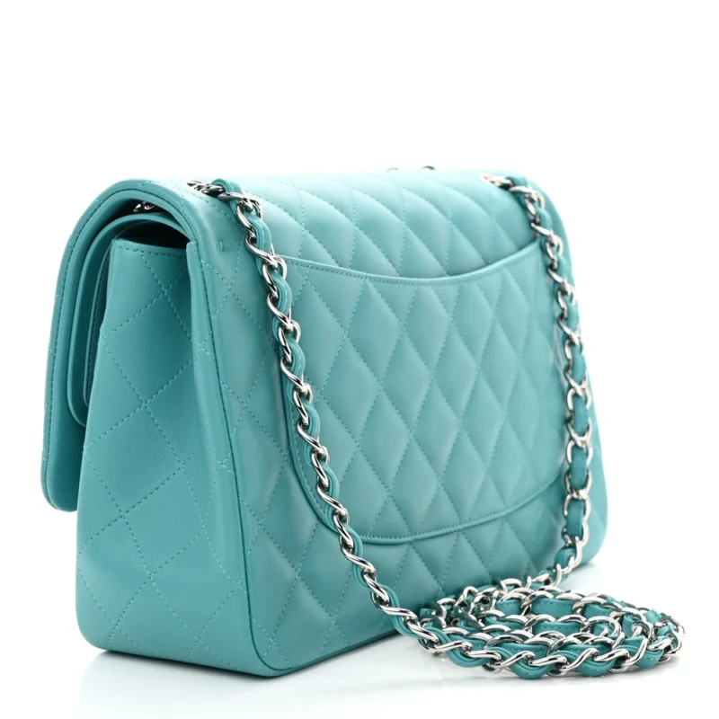 CHANEL DOUBLE FLAP JUMBO TURQUOISE QUILTED LAMBSKIN LEATHER SILVER HARDWARE - Image 3
