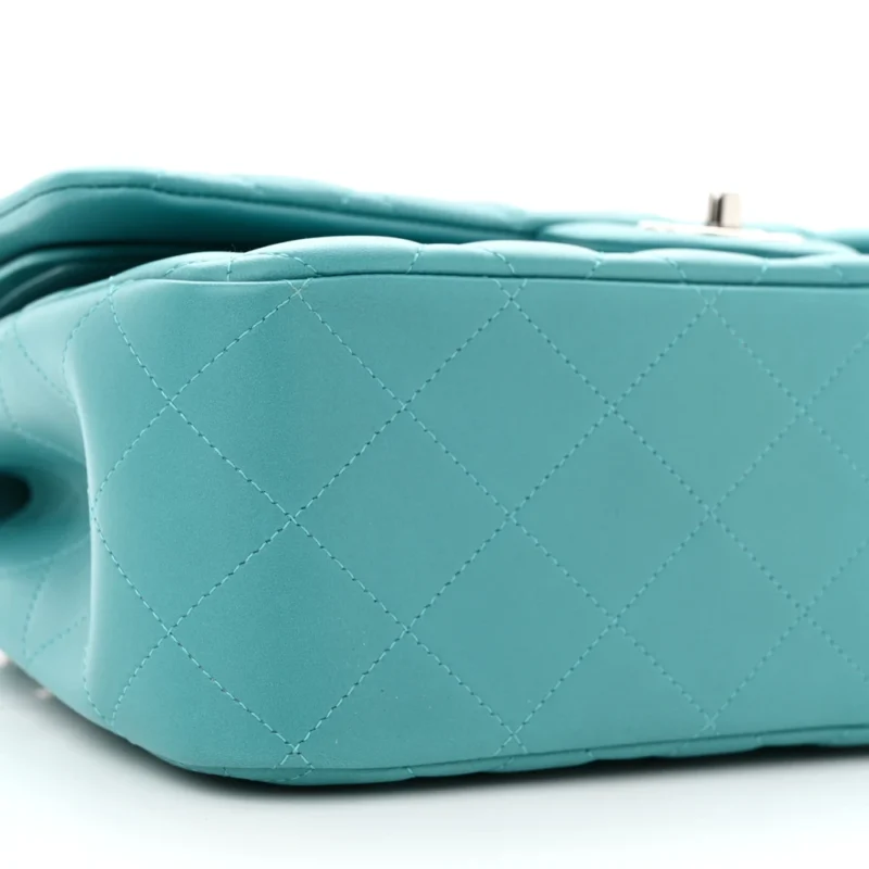 CHANEL DOUBLE FLAP JUMBO TURQUOISE QUILTED LAMBSKIN LEATHER SILVER HARDWARE - Image 4