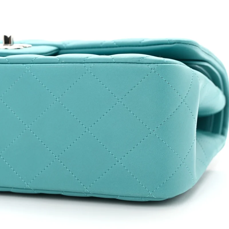 CHANEL DOUBLE FLAP JUMBO TURQUOISE QUILTED LAMBSKIN LEATHER SILVER HARDWARE - Image 5