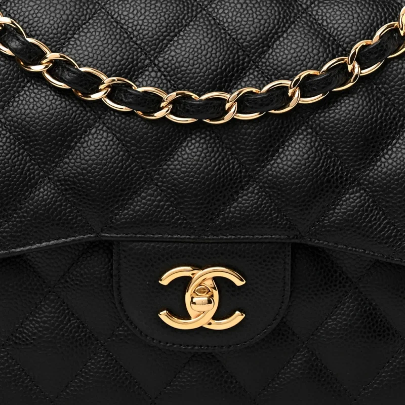 CHANEL DOUBLE FLAP JUMBO BLACK QUILTED CAVIAR LEATHER GOLD HARDWARE - Image 8