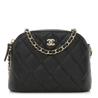 CHANEL CLASSIC CLUTCH WITH CHAIN SMALL BLACK QUILTED CAVIAR LEATHER LIGHT GOLD HARDWARE