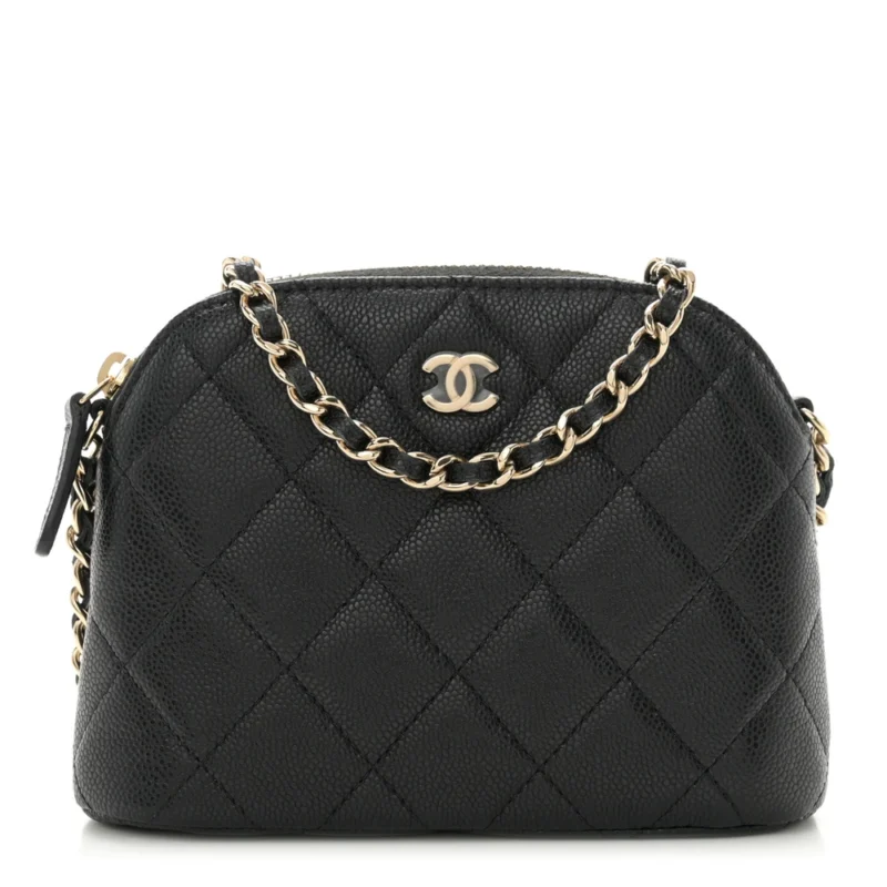 CHANEL CLASSIC CLUTCH WITH CHAIN SMALL BLACK QUILTED CAVIAR LEATHER LIGHT GOLD HARDWARE