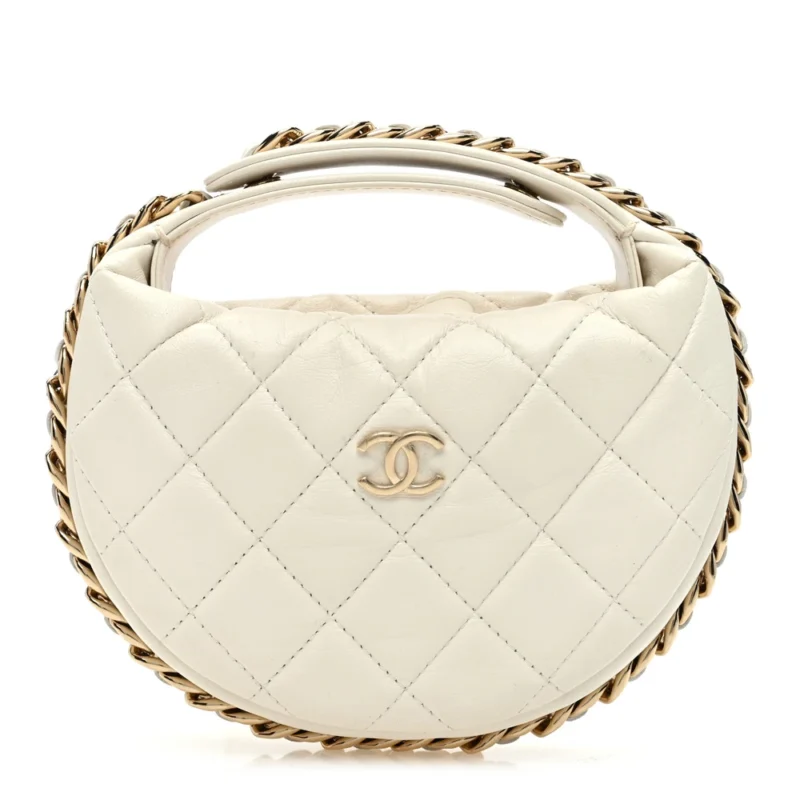 CHANEL CHAIN AROUND POUCH SMALL WHITE QUILTED LAMBSKIN LEATHER LIGHT GOLD HARDWARE