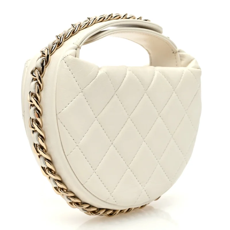 CHANEL CHAIN AROUND POUCH SMALL WHITE QUILTED LAMBSKIN LEATHER LIGHT GOLD HARDWARE - Image 3