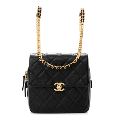 CHANEL CHAIN MELODY BACKPACK SMALL BLACK QUILTED SHINY CAVIAR LEATHER GOLD HARDWARE