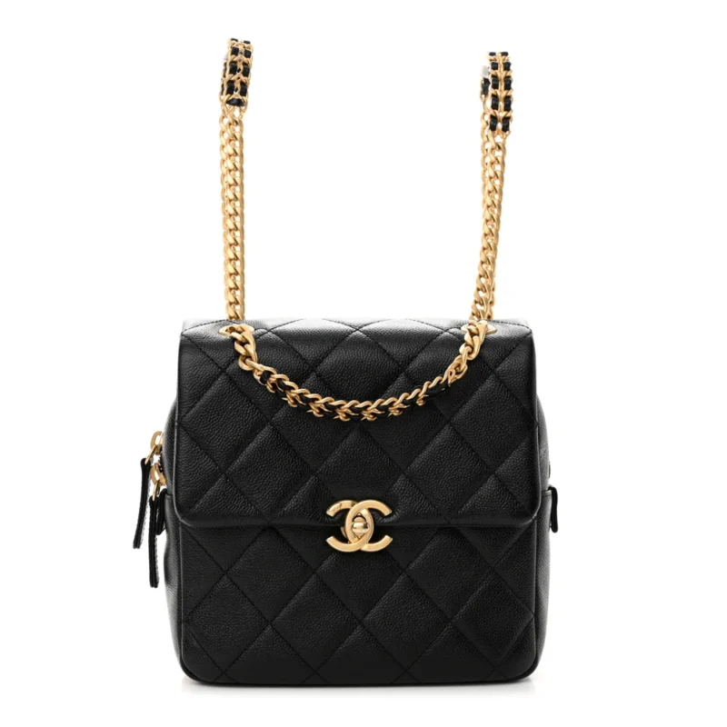 CHANEL CHAIN MELODY BACKPACK SMALL BLACK QUILTED SHINY CAVIAR LEATHER GOLD HARDWARE