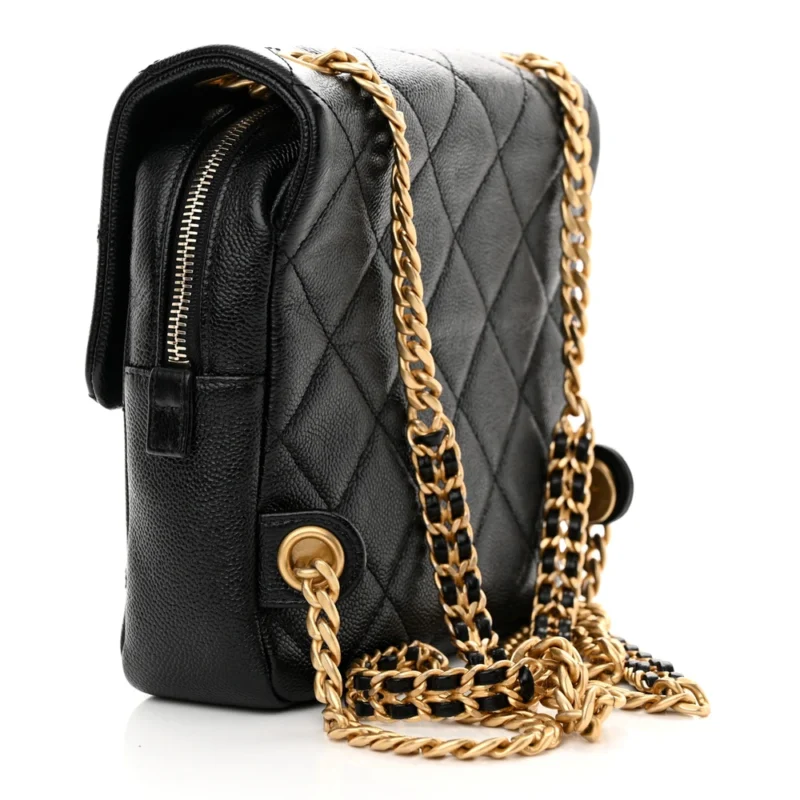 CHANEL CHAIN MELODY BACKPACK SMALL BLACK QUILTED SHINY CAVIAR LEATHER GOLD HARDWARE - Image 3