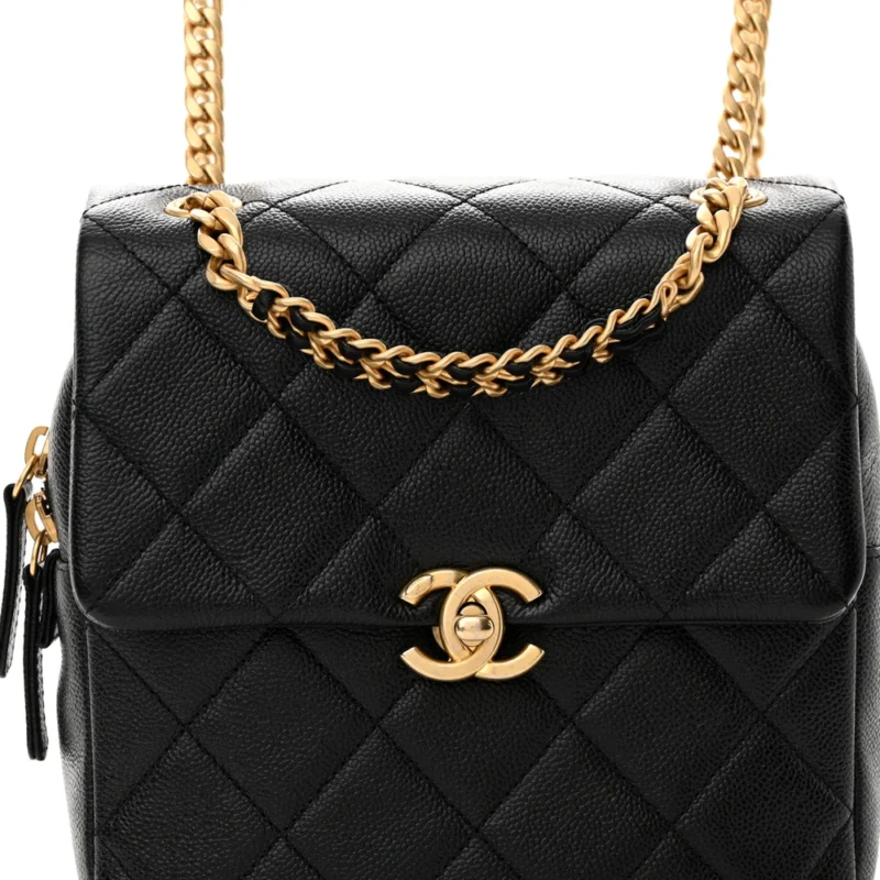 CHANEL CHAIN MELODY BACKPACK SMALL BLACK QUILTED SHINY CAVIAR LEATHER GOLD HARDWARE - Image 8