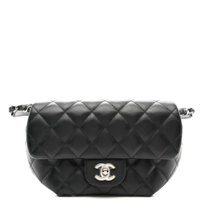 CHANEL CC UNIFORM FLAP BELT BAG SMALL BLACK QUILTED CALFSKIN LEATHER SILVER HARDWARE