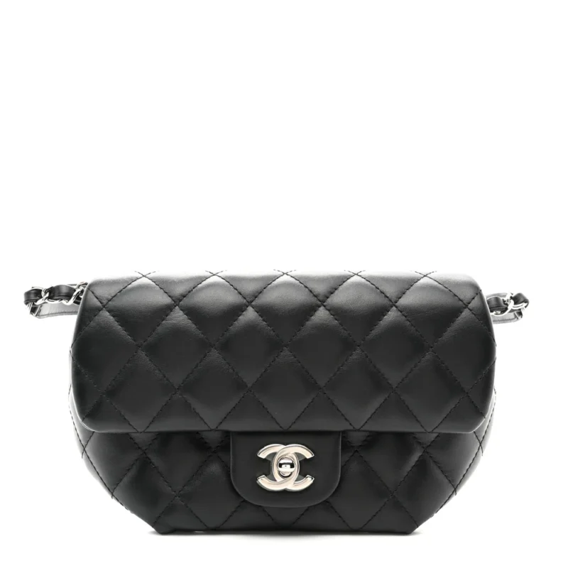 CHANEL CC UNIFORM FLAP BELT BAG SMALL BLACK QUILTED CALFSKIN LEATHER SILVER HARDWARE