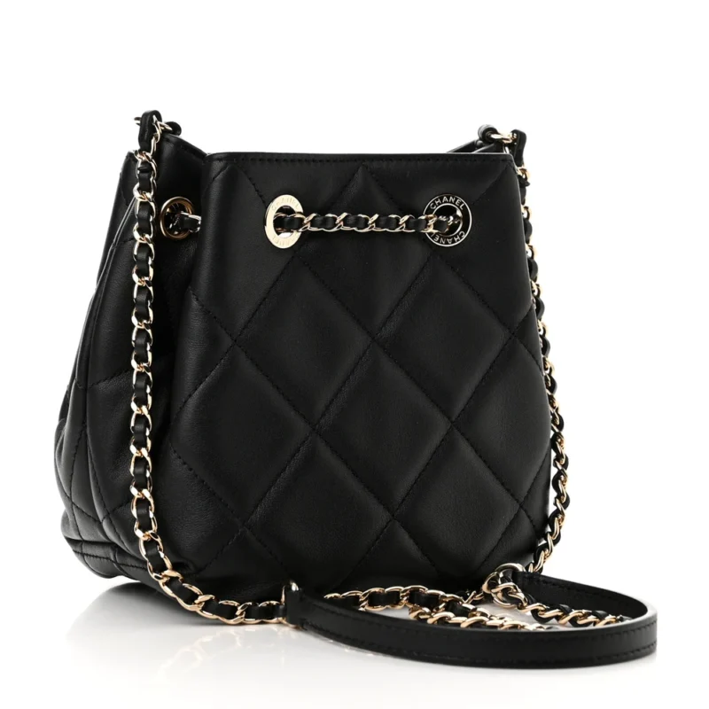CHANEL CC DWELLER DRAWSTRING BUCKET SMALL BLACK QUILTED LAMBSKIN LEATHER LIGHT GOLD HARDWARE - Image 3