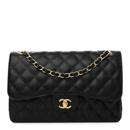 CHANEL DOUBLE FLAP JUMBO BLACK QUILTED CAVIAR LEATHER GOLD HARDWARE
