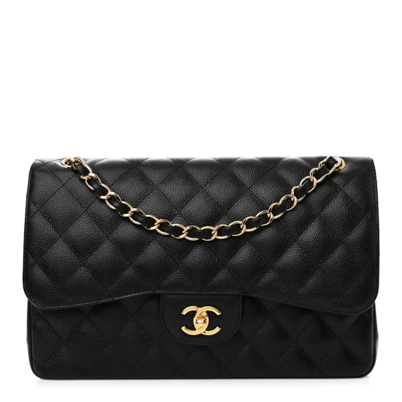 CHANEL DOUBLE FLAP JUMBO BLACK QUILTED CAVIAR LEATHER GOLD HARDWARE
