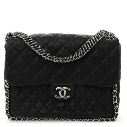 CHANEL CHAIN AROUND FLAP MAXI BLACK QUILTED WASHED LAMBSKIN LEATHER SILVER HARDWARE