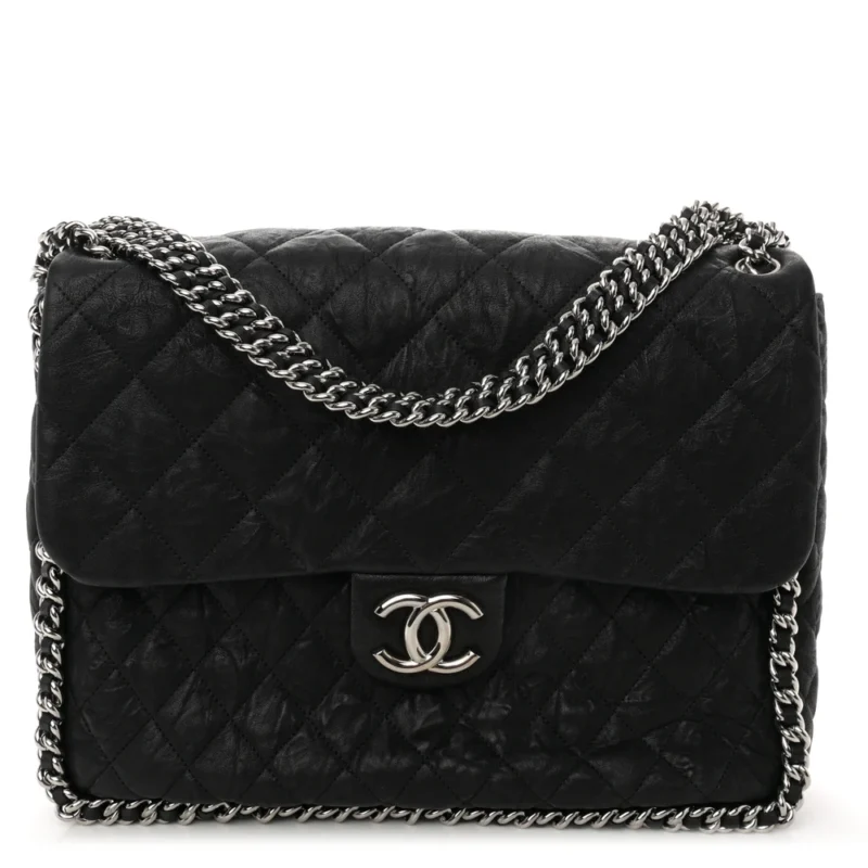 CHANEL CHAIN AROUND FLAP MAXI BLACK QUILTED WASHED LAMBSKIN LEATHER SILVER HARDWARE