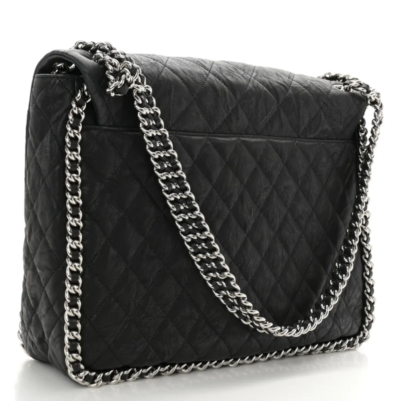 CHANEL CHAIN AROUND FLAP MAXI BLACK QUILTED WASHED LAMBSKIN LEATHER SILVER HARDWARE - Image 3