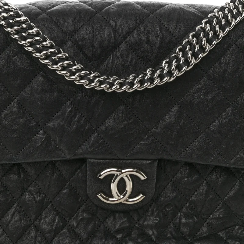 CHANEL CHAIN AROUND FLAP MAXI BLACK QUILTED WASHED LAMBSKIN LEATHER SILVER HARDWARE - Image 8