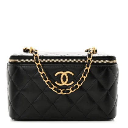 CHANEL CC DYNASTY VANITY CASE SMALL BLACK QUILTED LAMBSKIN LEATHER GOLD HARDWARE