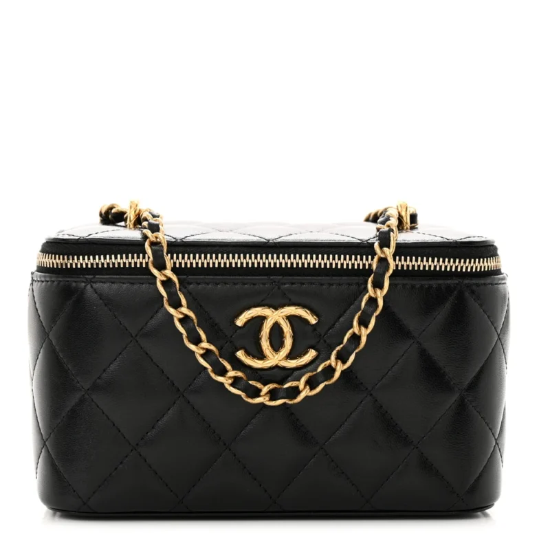 CHANEL CC DYNASTY VANITY CASE SMALL BLACK QUILTED LAMBSKIN LEATHER GOLD HARDWARE