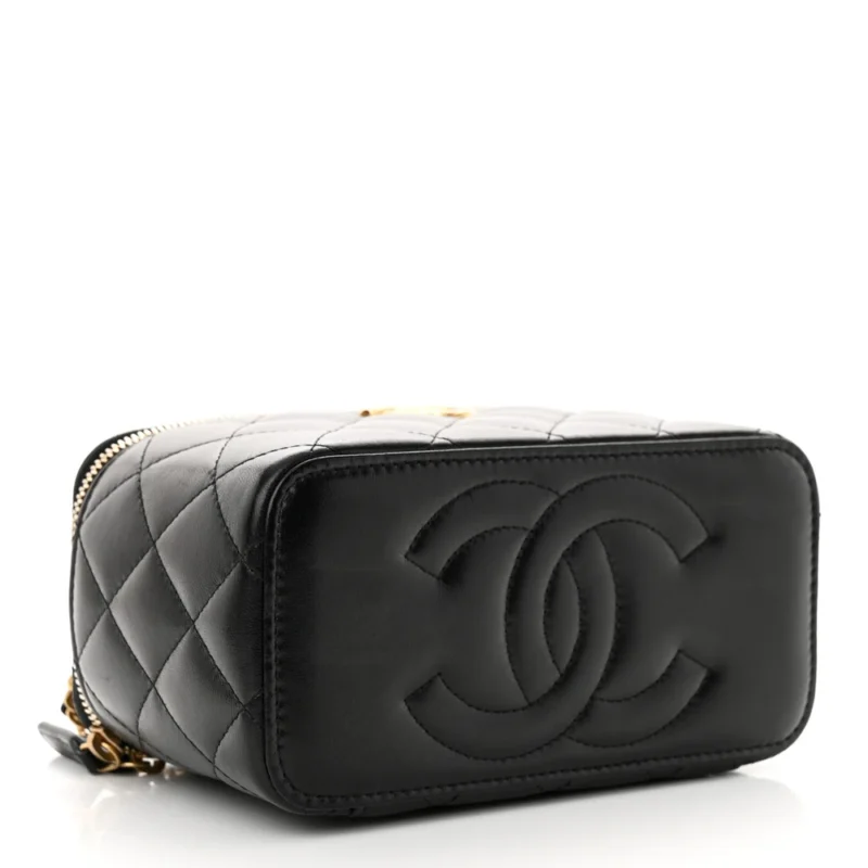 CHANEL CC DYNASTY VANITY CASE SMALL BLACK QUILTED LAMBSKIN LEATHER GOLD HARDWARE - Image 6