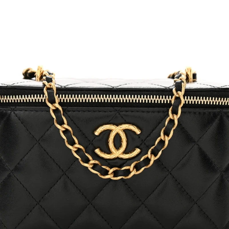 CHANEL CC DYNASTY VANITY CASE SMALL BLACK QUILTED LAMBSKIN LEATHER GOLD HARDWARE - Image 8