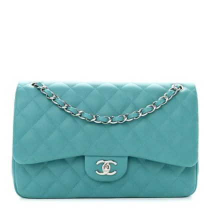 CHANEL DOUBLE FLAP JUMBO TURQUOISE QUILTED LAMBSKIN LEATHER SILVER HARDWARE