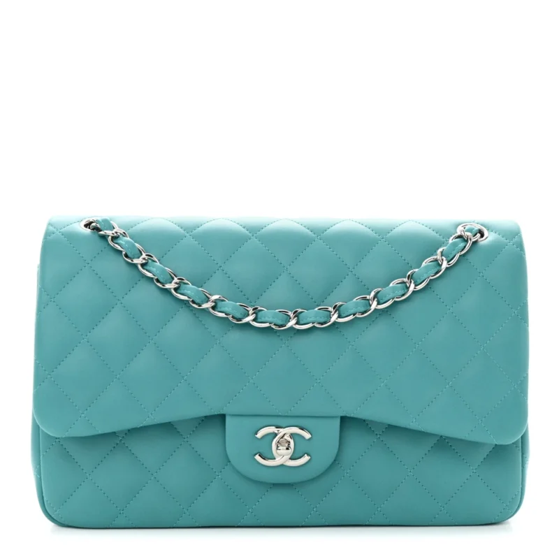 CHANEL DOUBLE FLAP JUMBO TURQUOISE QUILTED LAMBSKIN LEATHER SILVER HARDWARE
