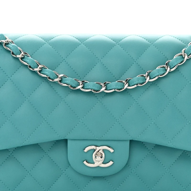 CHANEL DOUBLE FLAP JUMBO TURQUOISE QUILTED LAMBSKIN LEATHER SILVER HARDWARE - Image 8