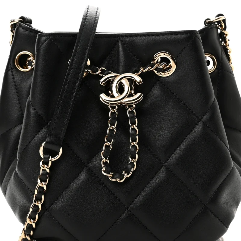 CHANEL CC DWELLER DRAWSTRING BUCKET SMALL BLACK QUILTED LAMBSKIN LEATHER LIGHT GOLD HARDWARE - Image 8