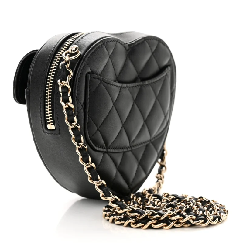 CHANEL CC IN LOVE HEART CLUTCH WITH CHAIN SMALL BLACK QUILTED LAMBSKIN LEATHER LIGHT GOLD HARDWARE - Image 3