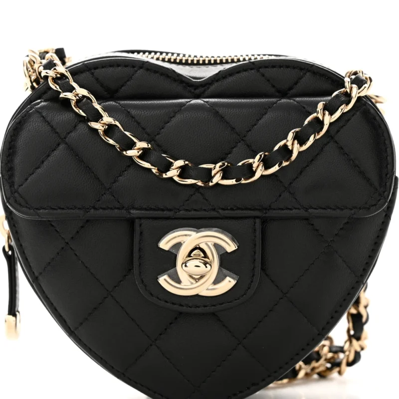 CHANEL CC IN LOVE HEART CLUTCH WITH CHAIN SMALL BLACK QUILTED LAMBSKIN LEATHER LIGHT GOLD HARDWARE - Image 8