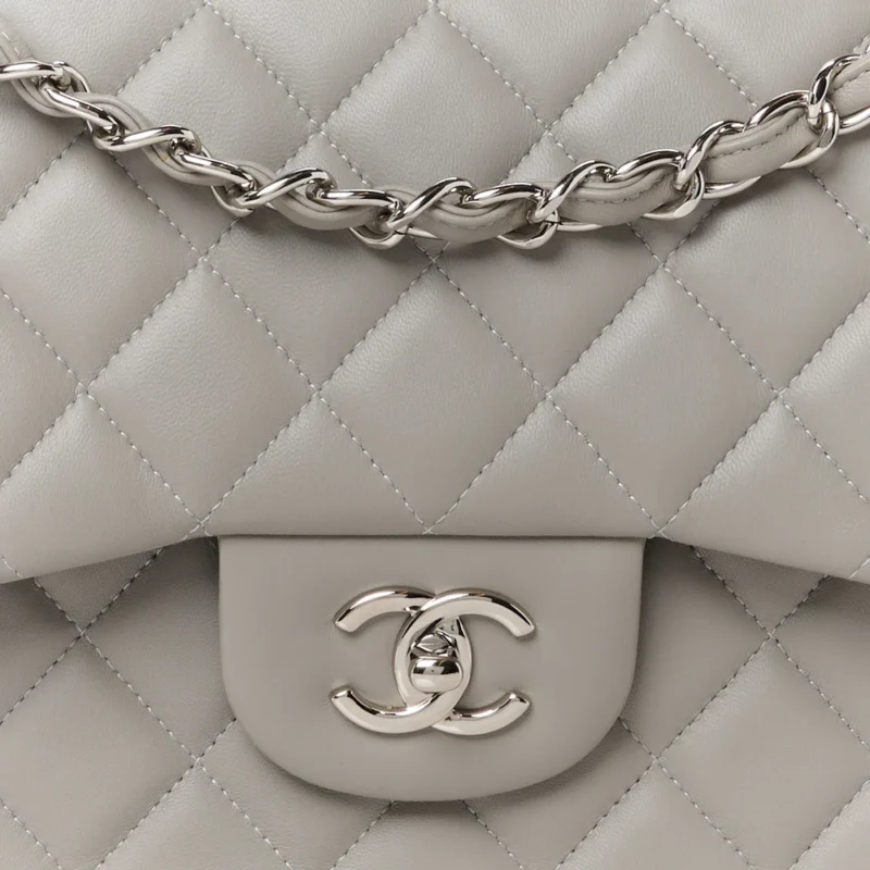 CHANEL DOUBLE FLAP JUMBO GREY LAMBSKIN BAG - Image 8