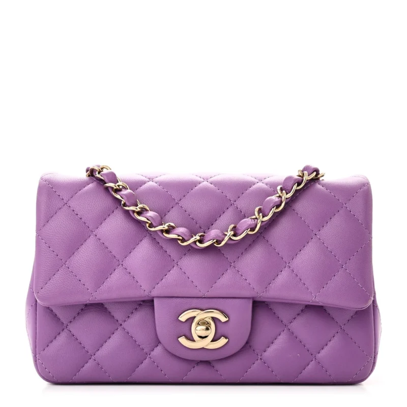 CHANEL FLAP MINI RECTANGULAR PURPLE QUILTED LAMBSKIN LEATHER LIGHT GOLD HARDWARE