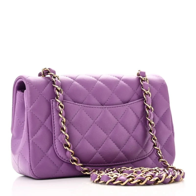 CHANEL FLAP MINI RECTANGULAR PURPLE QUILTED LAMBSKIN LEATHER LIGHT GOLD HARDWARE - Image 3