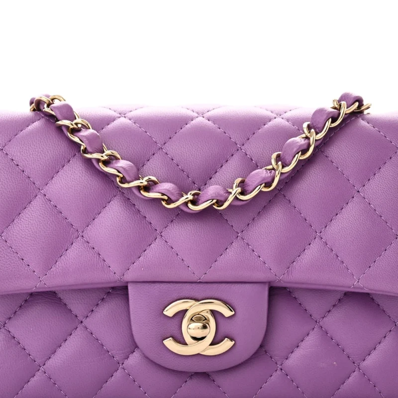 CHANEL FLAP MINI RECTANGULAR PURPLE QUILTED LAMBSKIN LEATHER LIGHT GOLD HARDWARE - Image 8