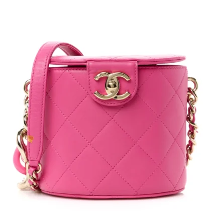 CHANEL ELEGANT CHAIN VANITY CASE SMALL DARK PINK QUILTED LAMBSKIN LEATHER & RESIN AGED GOLD HARDWARE