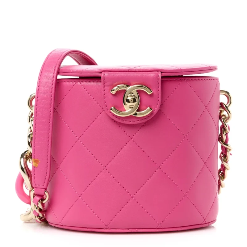 CHANEL ELEGANT CHAIN VANITY CASE SMALL DARK PINK QUILTED LAMBSKIN LEATHER & RESIN AGED GOLD HARDWARE