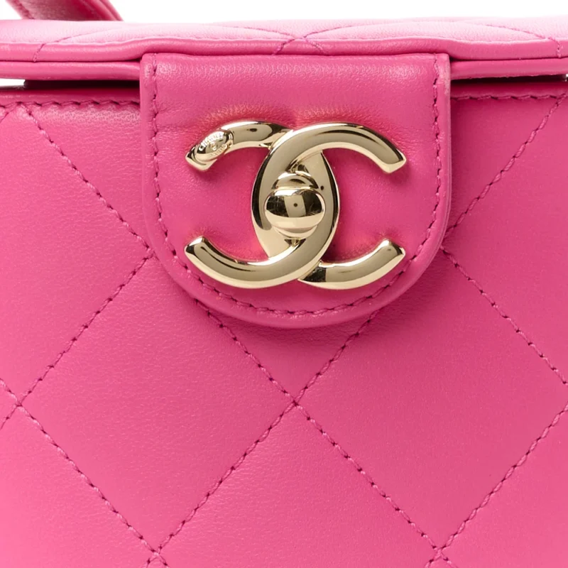 CHANEL ELEGANT CHAIN VANITY CASE SMALL DARK PINK QUILTED LAMBSKIN LEATHER & RESIN AGED GOLD HARDWARE - Image 9