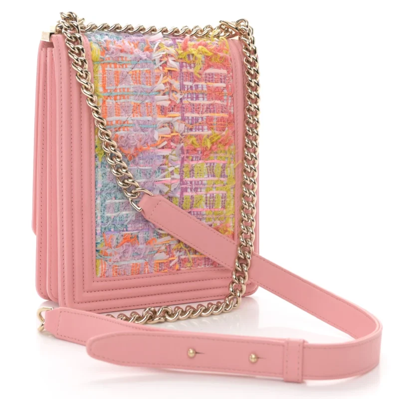 CHANEL NORTH-SOUTH BOY FLAP MEDIUM PINK TWEED & QUILTED CALFSKIN LEATHER LIGHT GOLD HARDWARE - Image 3