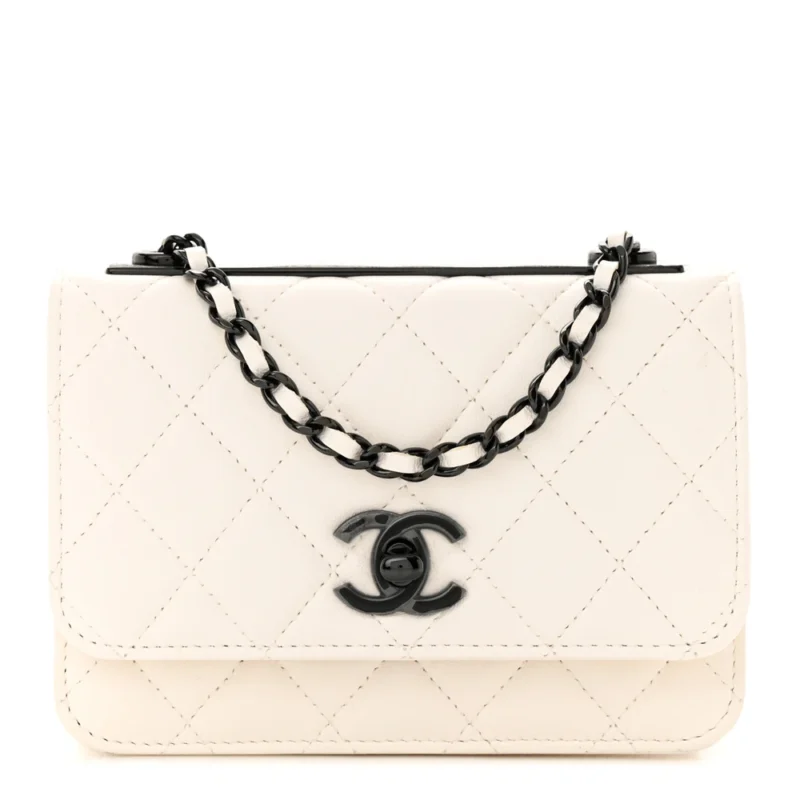CHANEL TRENDY CC WALLET ON CHAIN (WOC) MINI WHITE QUILTED LAMBSKIN LEATHER BLACK HARDWARE