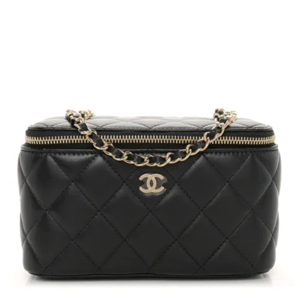 CHANEL VANITY CASE WITH CHAIN SMALL BLACK QUILTED LAMBSKIN LEATHER LIGHT GOLD HARDWARE