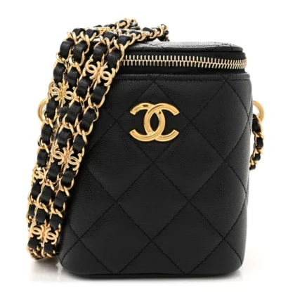 CHANEL VERTICAL VANITY CASE WITH CHAIN SMALL BLACK QUILTED CAVIAR LEATHER GOLD HARDWARE