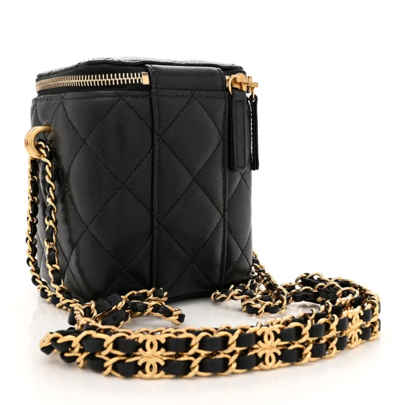 CHANEL VERTICAL VANITY CASE WITH CHAIN SMALL BLACK QUILTED CAVIAR LEATHER GOLD HARDWARE - Image 3