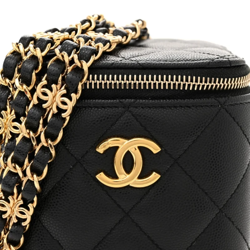 CHANEL VERTICAL VANITY CASE WITH CHAIN SMALL BLACK QUILTED CAVIAR LEATHER GOLD HARDWARE - Image 8